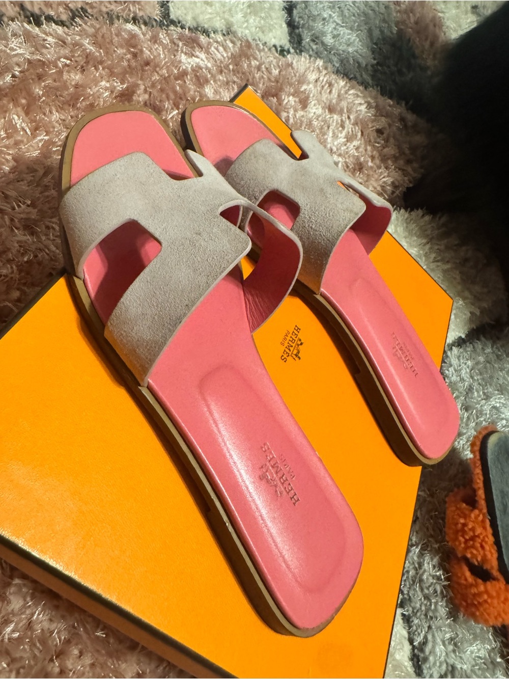 Hermes Pink Footbed Suede Slide Sandals with Light Beige Upper